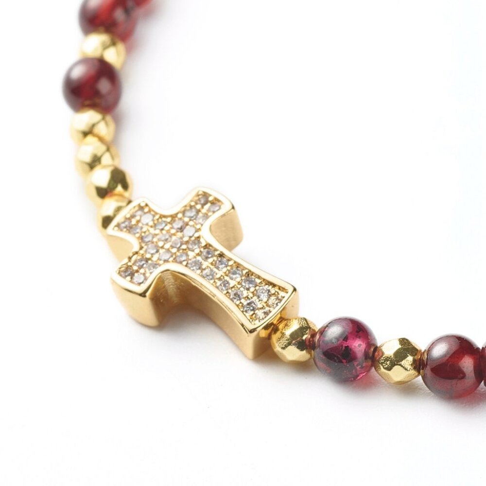 Dainty Cross W Pave Cz & Natural Garnet, Adjustable Gemstone bracelet HANDMADE - Picture 4 of 6